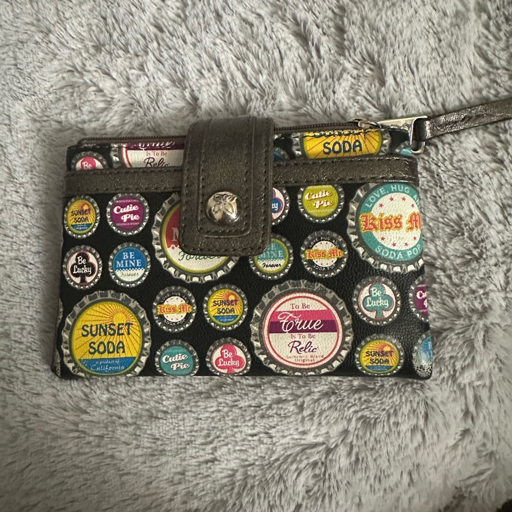 Relic Black Wristlet Wallet with Multicolor Bottle Cap Print